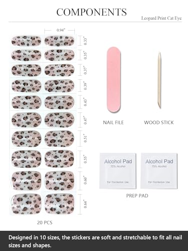AutyaMee Semi Cured Gel Nail Strips (Leopard Print Cat Eye), Brown, 20 Pcs Fall Gel Nail Wraps, Stickers, Salon Quality, Works With Any UV Lamps