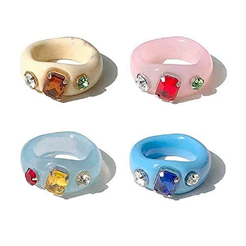 4 Pcs Retro Acrylic Resin Colorful Ring Spring Diamond Ring Vintage Resin Jewelry Acrylic Party Elegant Best Handmade Gift Index Finger Ring for Women