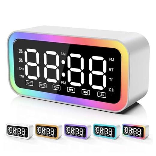 Big Digital Dual Alarm Clock with Snooze, Bluetooth Speaker with HIFI Stereo, 3-level Dimmable, Colorful LED Lights, Voice-activated, Rechargeable Battery, 12/24H, Compact Clock for Bedrooms (White)