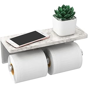 Brushed Nickel Toilet Paper Holder with Shelf, New Upgrade Double Toilet Paper Holder with Storage, Marble Roll Toilet Paper Wall Mount for Bathroom Washroom