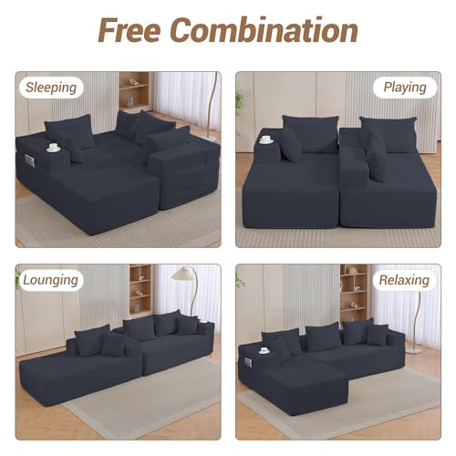 Image of 105'' Modular L-Shaped Boneless Sectional, Corduroy Deep Seat Cloud Sectional Couch, Small Space Sofa for Apartment Living Room Bedroom, No Assembly, Black