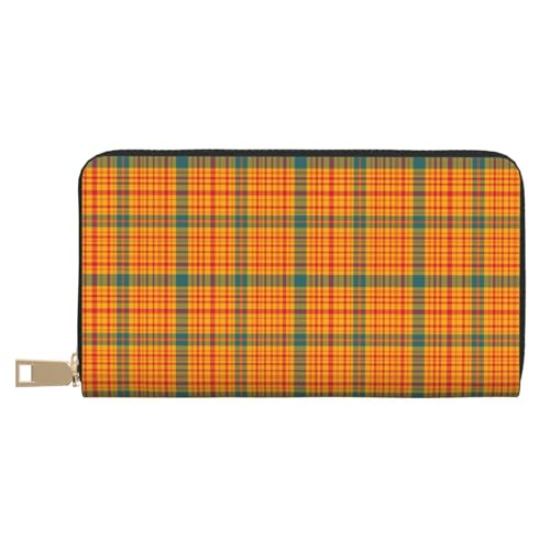 Leather Thin Slim Wallets for Women & Men - Retro Bright Orange Plaid Print Card Wallet Holder with Zipper