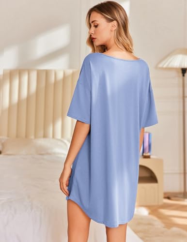 Image of Ekouaer Nightgowns for Women Bamboo Viscose Sleepshirt Short sleeve Nightshirt V Neck T shirt Night gown Boyfriend Sleepwear