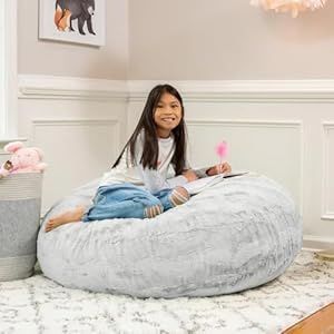 Gray color 4 foot faux fur big bean bag chair size 48 l x 48 w x 16 h incredibly soft removable and machine washable cover with childproof zipper lock  urban country home decor