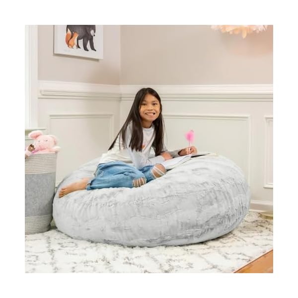 Gray color 4 foot faux fur big bean bag chair size 48 l x 48 w x 16 h incredibly soft removable and machine washable cover with childproof zipper lock  urban country home decor