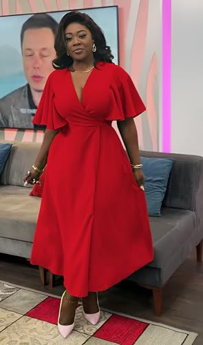 Image of Summer Dresses for Women Semi-Formal Fit Casual Short Ruffle Sleeve V Neck Elegant Swing Split Long Maxi Dresses