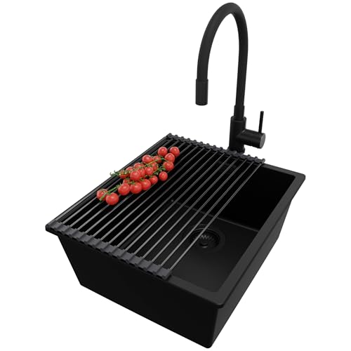 PRIMAGRAN Fregadero Granito Todo Negro 41x47cm, Fregadero Cocina 1 Seno + Sifón + Grifo 40x38cm + Enrollable Escurridor, Fregadero sobre encimera al mueble 45cm - London Slim