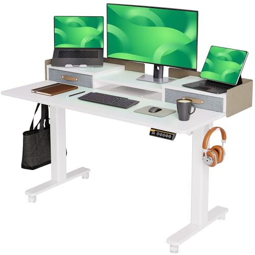 Image of Claiks Standing Desk with Drawers & Wheels, 2 Height Shelf 55inch White