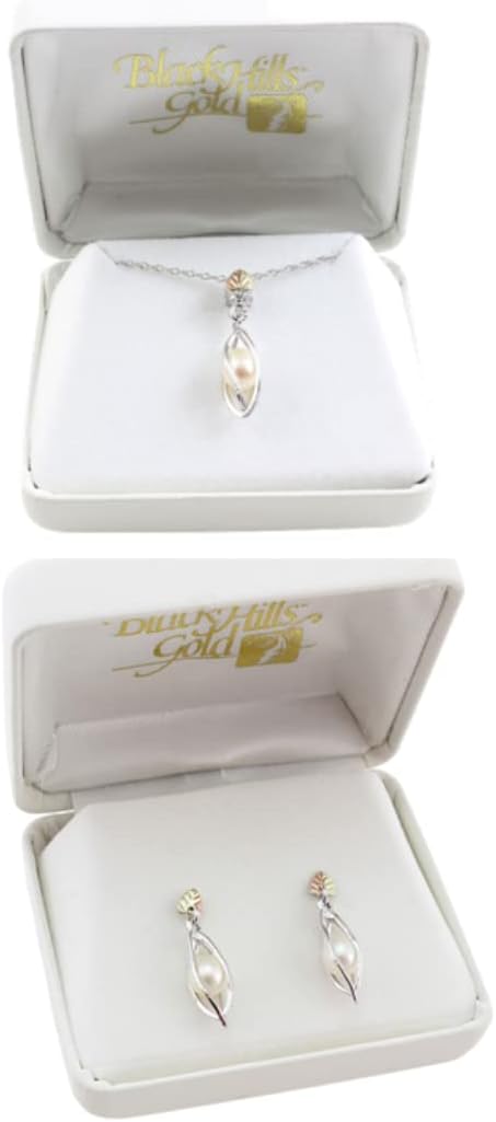 White Freshwater Cultured Pearl Caged Necklace and Earrings Jewelry Set, Black Hills Gold on Sterling Silver, 12k Rose and Green Gold, 18" (5.5-6.0mm)