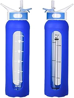 1 Liter Glass Water Bottle with Sapphire Blue Silicone Sleeve, Glass Water Bottles 32 oz with Straw Lid to Keep Drink Easily, Time Marked Hourly Motivational Glass Water Bottle for Office, Gym, School