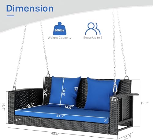 Image of Patio Outdoor Double Seater Swing Chair Without Stand for Balcony, Garden | Weather Resistant Rattan & Wicker Hammock Jhula for Adults | Outdoor Sofa Swing (Black and Blue)