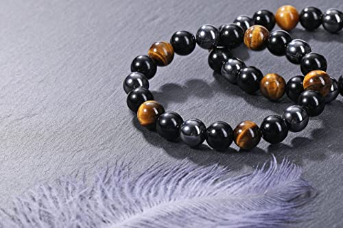 Jovivi Bundle - 2 Items Tiger Eye Healing Crystals Necklace + Hematite Black Obsidian Tiger Eye Stone Bracelets For Men Women #TOP6
