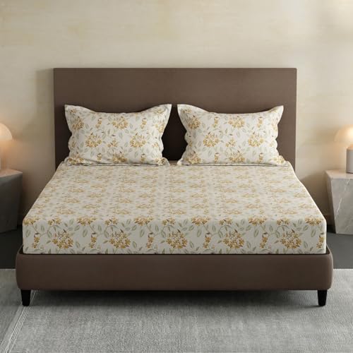 Image of Layers 100% Cotton Fitted Sheet for King Size Bed | Lumina Floret Collection | 144 TC Soft & Breathable | Floral Print with 2 Pillow Covers | Wrinkle Free & Colorfast | 3 Pc Bedding Set - Yellow
