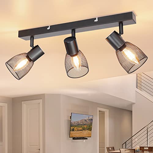 Dehobo Plafonnier LED, Spot Plafonnier Orientable avec Douille E14, Rampe Spots et Rails de Spots avec Abat-Jour en Maille Métallique, sans Ampoules, Plafonnier 3 Spots Industriel pour Cusine Chambre… Cover