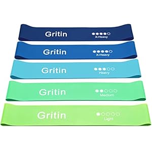 Gritin Bande Élastique Fitness, [Lot de 5] Bande de Résistance Élastique en Latex Équipement d&rsquo;Exercices pour Musculation Pilates Yoga -5 Niveaux de Force-avec Sac de Rangement