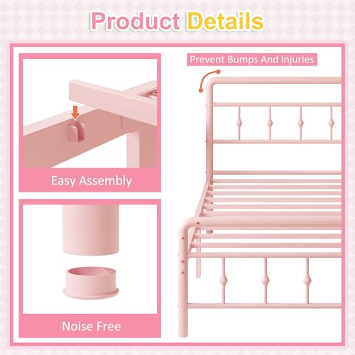 Image of Richwanone 14 inch Twin Bed Frame with Headboard and Footboard, Heavy Duty Metal Bed Frame Victorian Style, No Box Spring Needed, Easy Assembly, Pink