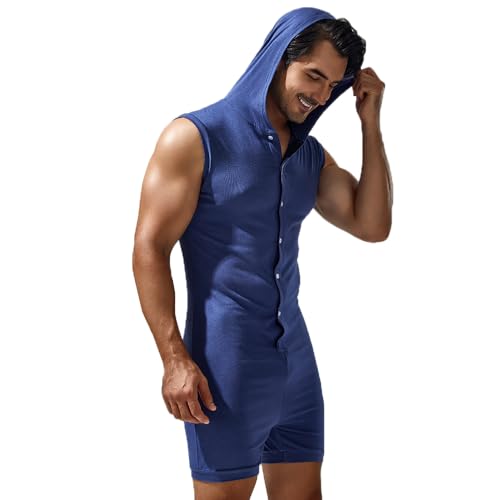 Men's Button Hooded Bodysuit Boxers Onesie Sleeveless Wrestling Singlets Fitness Jumpsuit Leotard