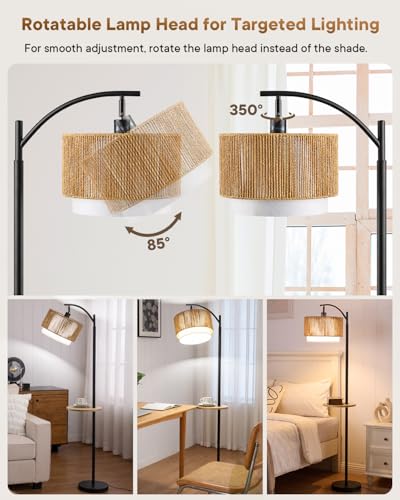 Image of PESRAE Rattan Floor Lamp for Living Room, Farmhouse Arc Standing Lamp | Side Table with lamp, 3 Color Temperatures, Rattan & Fabric Lamp Shades, Boho Standing Lamp for Living Room, Bedroom Corner