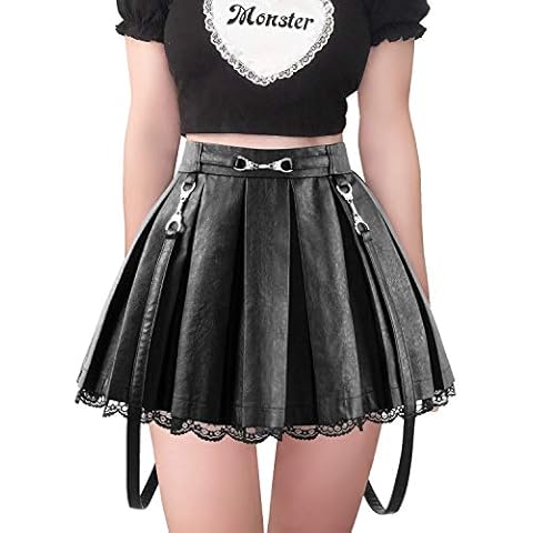 LittleForBig Women's A-Line Pleated PU Faux Leather Flared Casual Lace Trim Mini Skirts - Troublemaker Black XL Cover