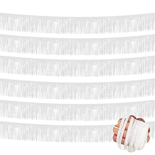 Image of 6 Pack 10 Feet White Foil Fringe Garland Metallic Tinsel Streamers Banner Wall Hanging Curtain Backdrop Banner for Parade Floats, Thanksgiving, Christmas, Birthday, Halloween Party Decorations