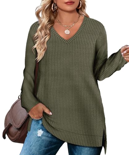 Image of RITERA Plus Size Women Sweaters Waffle Knit Pullover Top Long Sleeve Casual Crewneck Shirt Loose Split Hem Fall Winter Blouse