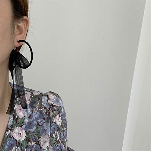 Fashion Lightweight Handmade Black Beaded Hoop Earrings Unique Long Ribbon Bow Tassel Dangle Drop Earrings Jewelry for Women Girls 5