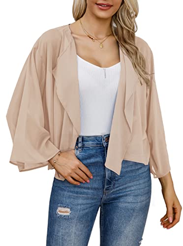 Women's 3/4 Sleeve Shrugs Cardigan Kimono Lightweight Mesh Jackets For Evening Dresses (Lightkhaki,L) #TOP1