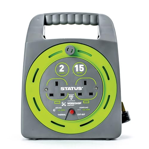 STATUS 2 Socket Cable Reel with 15 Metre Heavy Duty Extension Lead Thermal Cut-Out Safety for Outdoor and Garden Power Use Green (S15M2SHBCR1PK2)