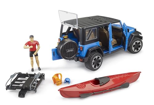 bruder 02529 - Jeep Wrangler Rubicon Unlimited mit Kajak & Figur - 1:16, Offroad Fahrzeug, Geländewagen, Auto, Spielzeug ab 4 Jahre