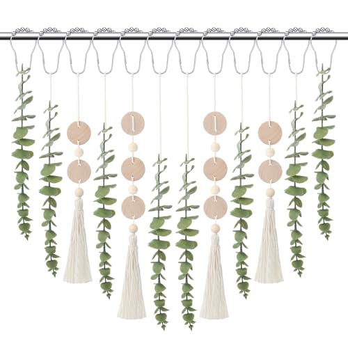 Yinkin Set of 12 Boho Eucalyptus Shower Curtain Hooks Rings Rustic Farmhouse Decor Rustproof Metal Decorative Hanger Set for Home Bathroom Bedroom Baby Room Curtain Decor