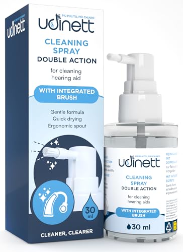 Hearing Aid Cleaning Spray with Integrated Brush 30ml Udinett Sanitizer for Earmolds Replacement Domes Earplugs Bluetooth Headphones Eliminates Bacteria and Earwax Dust Alcohol-Free Quick Drying