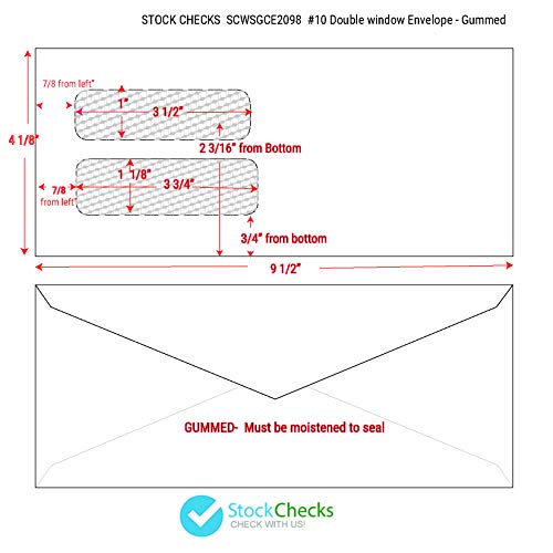 2 X 500 #10 Double Window Envelopes - Regular Gummed, White Security Envelopes - 4" 1/8 X 9" 1/2 #TOP2