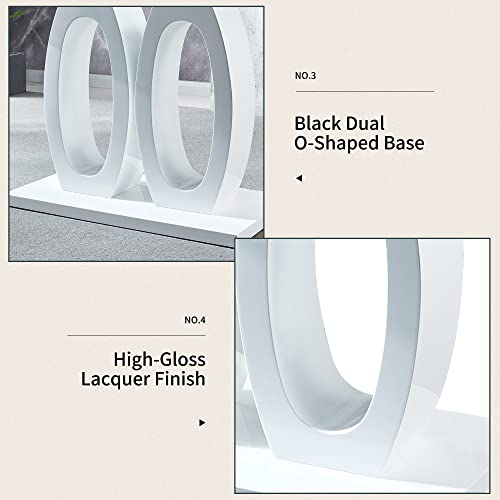 Knocbel Contemporary Rectangular Tempered Glass Dining Table With Double Pedestal, Kitchen Dining Room Table, High Gloss Finish, Standard Height, 133Lbs Weight Capacity (White) #TOP4