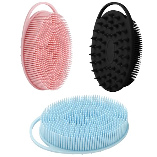 Image of Silicone Body Scrubber, Silicone Loofah, 3 Pcs Silicone Shower Scrubber, Exfoliating Silicone Shower Scrubber, 2 in 1 Silicone Body Scrub Brush Scalp Massager Shampoo Brush for All Skin Men Women Kids