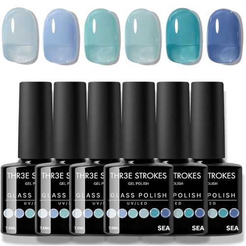 Image of THR3E STROKES Gel Nail Polish Set - 6 Colors Gel Polish Glitter Gel Polish Sparkle Nail Polish Gel Manicure DIY Salon Nail Art Gifts (SEA, 7.5ML)