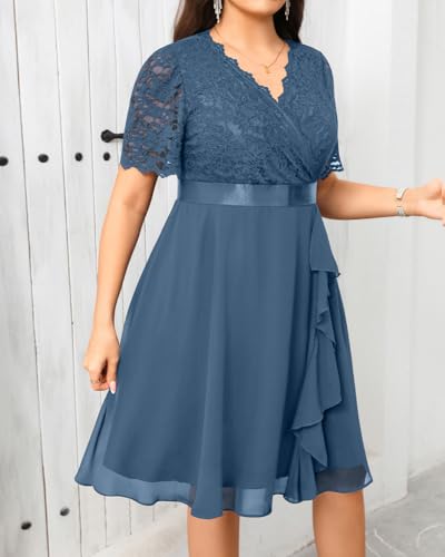 Image of Talisea Plus Size Wedding Guest Dress - Formal Cocktail Party Ruffle Elegant Tea Length Lace Chiffon V Neck Midi Dresses