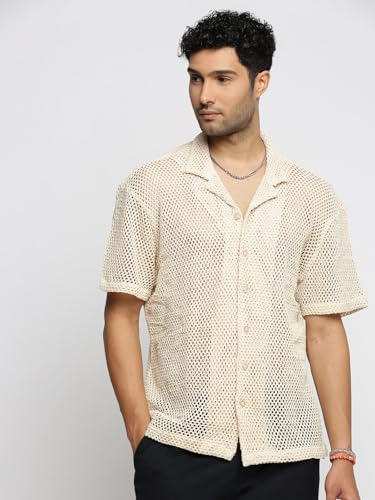 Image of SHOWOFFFF Men Solid Crochet Casual Shirt | Cuban Collar Half Sleeves Cotton Shirt for Mens | Relaxed Fit Regular Length Shirt for Men's