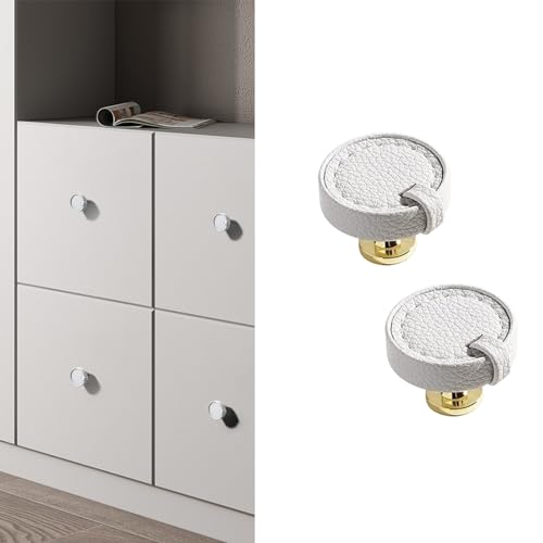 Image of 2 Pack Leather Cabinet Knobs Hand-Stitch White Round Drawer Pulls for Cabinets Cupboard Dressers Drawers Bedroom Brown Leather Cabinet Pulls