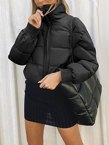 MEROKEETY Women's 2025 Winter Cropped Puffer Jacket Long Sleeve Oversized Stand Collar Zip-Up Short Coat2