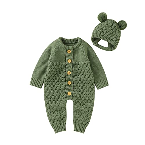 allshope Newborn Baby Boy Girl Winter Clothes Knitted Sweater Romper Crewneck Solid Color Jumpsuit Hat Infant Fall Outfit (Green, 0-3 Months)