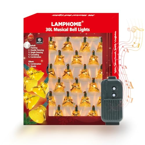 LAMPHOME 2PK 30 Lights Christmas Musical Bell String Lights, 25 Classical Holiday Songs, 7 Functions Yellow Incandescent Bulb Green Wire Light with Yellow Bells for Indoor Xmas Tree Decorations