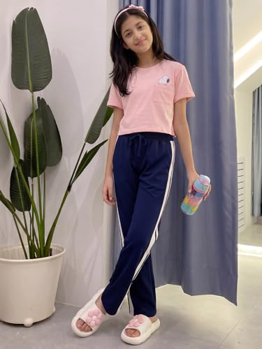 Image of Li'l Tomatoes Girls Cotton Track Pants | Soft & Comfortable Casual Summer Lower for Girls | Elastic Waist with Drawstring Everyday Wear | Side Stripe Straight Fit Trackpant | 9-16 Years |
