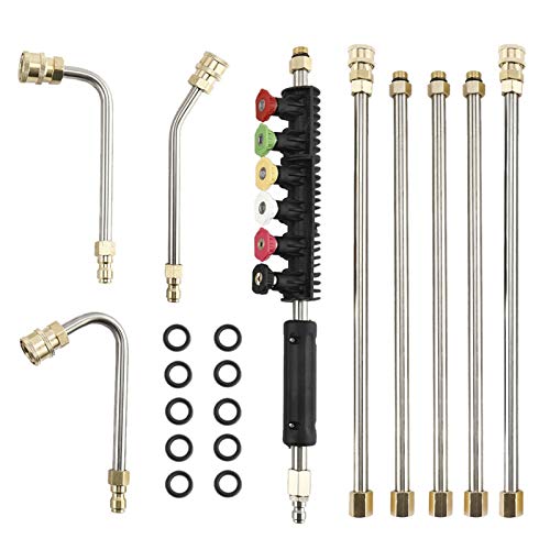 Yaegoo Pressure Washer Extension Wand Set, Replacable Upgraded Power Washer Lance with 6 Spray Nozzle Tips, 30°,90°,120° Curved Rod, 1/4’’Quick Connect, 10 Replacable Anti-Leaked Ring 4000 PSI