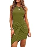 Jayscreate Women's Summer Tank Dress Casual Front Twist Tunic Asymmetrical Hem Knot Pencil Bodycon Mini Dress for Women Green
