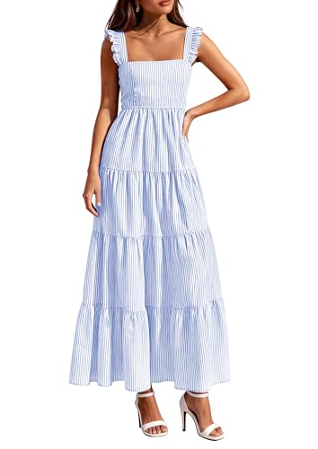 PRETTYGARDEN Womens 2026 Summer Casual Maxi Dresses Striped Square Neck Sleeveless Boho Flowy Sundress Beach Vacation Clothes (Light Blue,Medium)