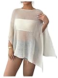 RoseSeek Women's See Through Knit Poncho Shawl 3/4 Sleeve Split Asymmetrical Shrug Sweater Cover Up Apricot Medium