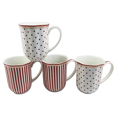 Grace Teaware Red Dot Stripes Scallop Porcelain Set of 4 12-Ounce Mug Cover