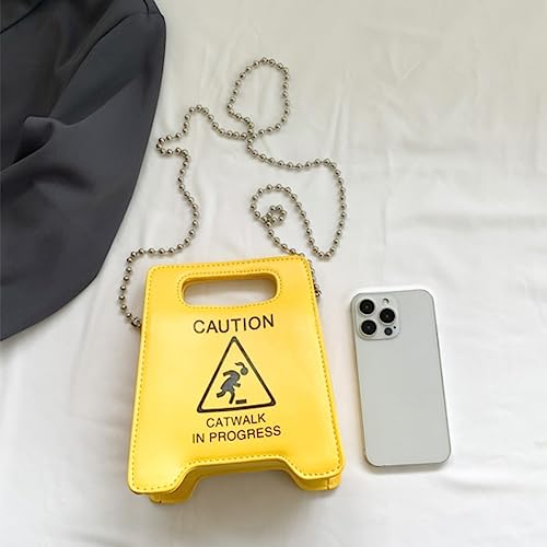 PU Creative Warning Sign Shoulder Crossbody Bag, Funny Caution Stop Sign Catwalk In Progress, Hop Metal Chain Storage Purse2