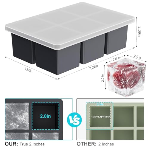 Image of Large Ice Cube Tray for Whiskey: Silicone Ice Cube Trays with Lid - 3Pack Big Square Old Fashioned Ice Cube Maker for Cocktail - 2inch Huge Cubed Ice Trays (Black+Sky+Purple(3pack)(6 Grid))