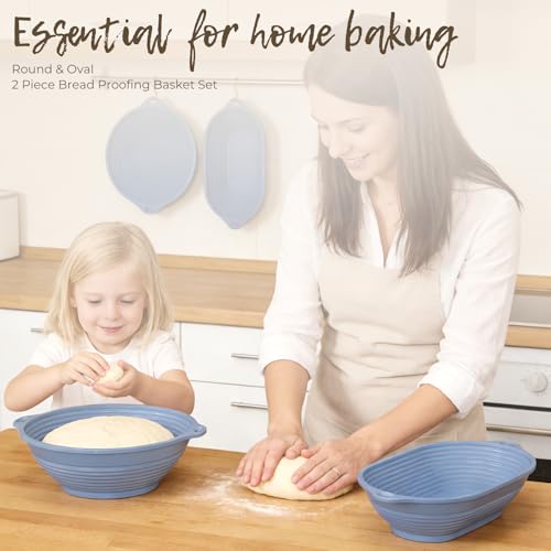 Miniatura 2 de Wixovo 2 Banetones Para Pan Ovalada Y Redonda, Cesta Fermentacion Pan De Silicona Resistente Al Calor, Kit Para Hacer Pan De Masa Madre, Cestas Panadería Plegable Con Asa Y Orificio Para Colgar, Azul